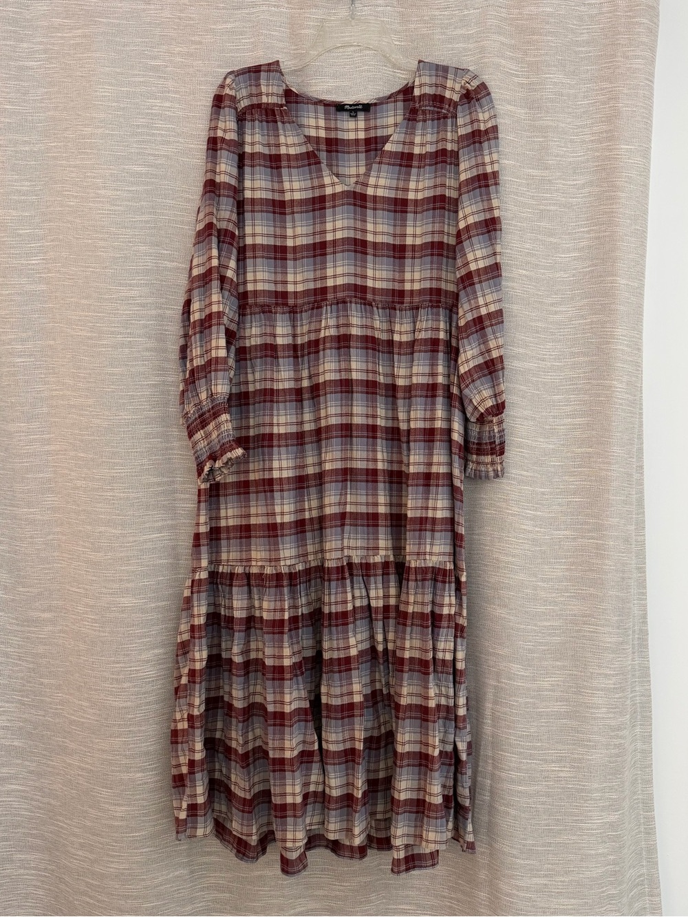 Madewell Tiered Midi Dress in Dusk Peri Plaid